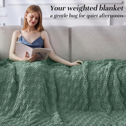 Knitted Weighted Blanket for Adult, Chunky Knit Weighted Throw for Sleep 50"*60" 5lbs, Cooling Breathable Heavy Blanket for Hot Sleepers, Machine Washable Blanket for Room Decor(HazeGreen)
