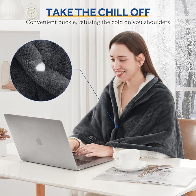 Sealy Heated Blanket Throw with Built-in Button Controller, Reversible Flannel to Sherpa Electric Blanket with 2-10 Hours Auto-Off & 4 Heating Levels, Over-Heat Protection, 50x60 inch, Charcoal