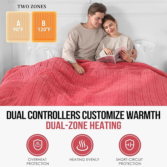 ESTINGO Electric Blanket King Size, Heated Blanket King with Dual Control of 5 Heating Levels & 10 Hours Auto Off, Electric Blanket Sherpa with Overheat Protection for Bedding, 100"X90", Rose Pink