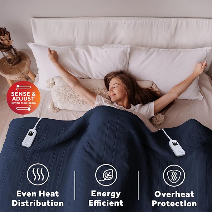 Sunbeam Royal Ultra Fleece Heated Electric Blanket King Size, 90" x 100", 12 Heat Settings, 12-Hour Selectable Auto Shut-Off, Fast Heating, Machine Washable, Warm and Cozy, Indigo
