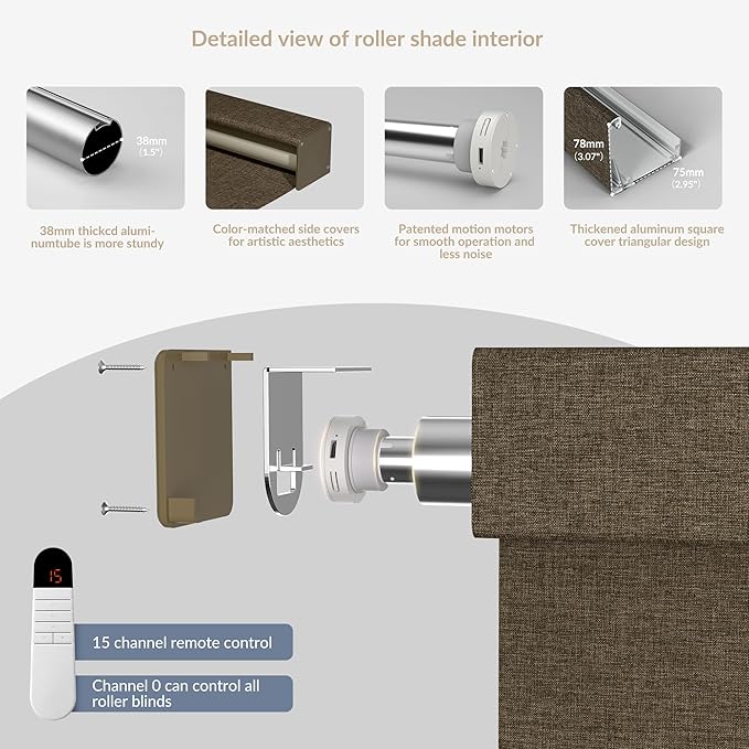 Boolegon Motorized Roller Blinds with Remote Control, Blackout Linen Fabric-Matched Automatic Roller Shades for Windows, Rechargeable Electric Window Shades for Home, Office, Brown, Custom Now