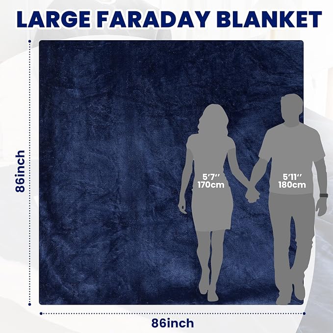 Preboun 86 x 86 Inch Large Faraday Blanket for Protection Pregnant Babies, Emf Blocker Blanket for 5 g, Bluetooth, Phone Towers, Two Sides Using for Beds Couches Travel (Flannel, Dark Blue)