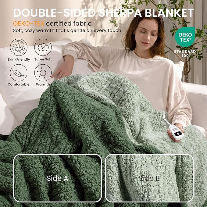 Heated Blanket Electric Blanket Throw - Fast Heating Blanket Throw Double Sided Sherpa Ultra Soft Cozy with 10 Heating Levels & 2-10 Hours Auto Off, Mashine Washable, 50 x 60 Inches, Sage