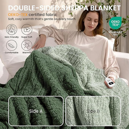 Heated Blanket Electric Blanket Queen - Fast Heating Blanket Throw Dual Control Double Sided Sherpa with 10 Heating Levels & 2-10 Hours Auto Off, Mashine Washable, 84 x 90 Inches, Sage&Green