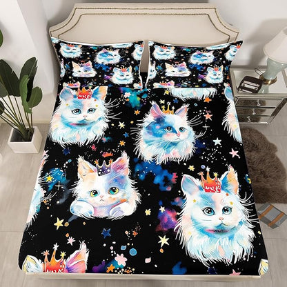 Cartoon Cats Kids Fitted Sheet Twin Size,Watercolor Crown Castle Princess Style Bedding Set,Girls Women Room Decor,Stars Starry Sky Cloud Bed Cover,Cute Romantic Bed Sheet,1 Pillowcase