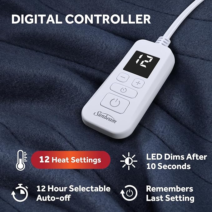 Sunbeam Royal Ultra Fleece Heated Electric Blanket, Twin Size, 84" x 62", 12 Heat Settings, 12-Hour Auto Shut-Off, Indigo