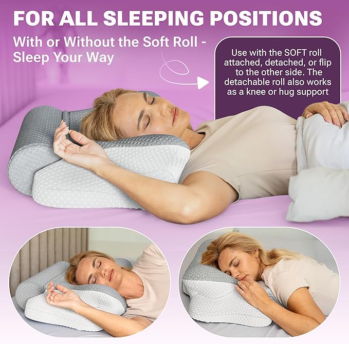 Cervical Neck Pillow for Sleeping, Dreamers Relief Pillow, Side Sleeper Pillow for Adults, Adjustable Height Memory Foam Pillow and Detachable Roll, Back & Stomach Sleeping Neck Pain Relief (Gray)