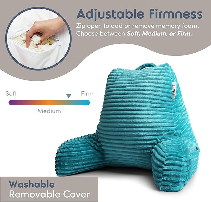 Nestl Reading Pillow with Shredded Memory Foam, Luxe Cut Plush Back Pillow for Sitting Up in Bed, Back and Arms Adjustable Support for Adult & Teens, Backrest Pillows with Washable Cover Teal