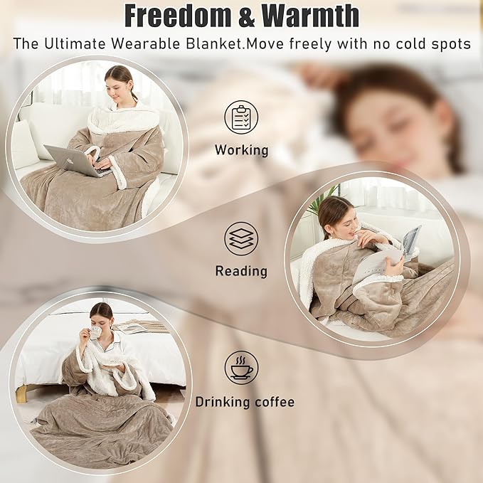 Electric Snuggle Throw Blankets with Foot Pocket, Wearable Heated Throw with Sleeves & Hood, 6 Heat Levels & 1-4H Timer, Full Body Warmth, The Perfect Warming Gift for Women & Men, Camel