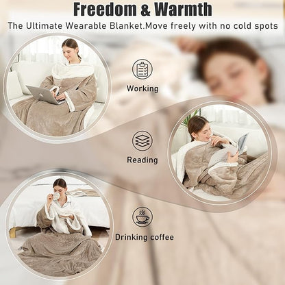 Electric Snuggle Throw Blankets with Foot Pocket, Wearable Heated Throw with Sleeves & Hood, 6 Heat Levels & 1-4H Timer, Full Body Warmth, The Perfect Warming Gift for Women & Men, Camel