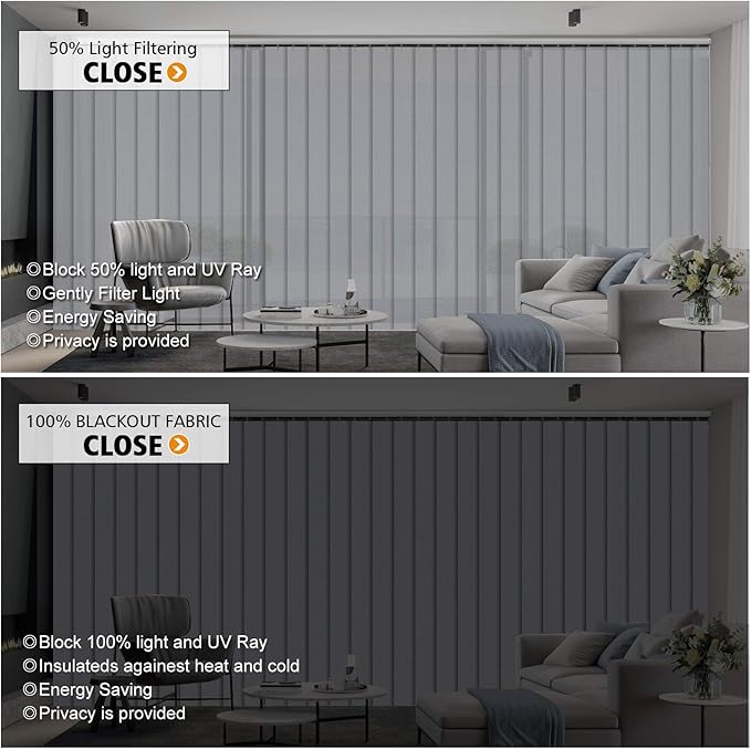 Cordless Vertical Blinds Window Blind, Blackout Fabric Vertical Blind, Energy Saving UV Protection Noise Reduce Vertical Blinds for Sliding Glass Doors, Patio Doors, Pure Light Grey