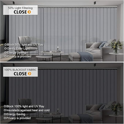 Cordless Vertical Blinds Window Blind, Blackout Fabric Vertical Blind, Energy Saving UV Protection Noise Reduce Vertical Blinds for Sliding Glass Doors, Patio Doors, Pure Light Grey