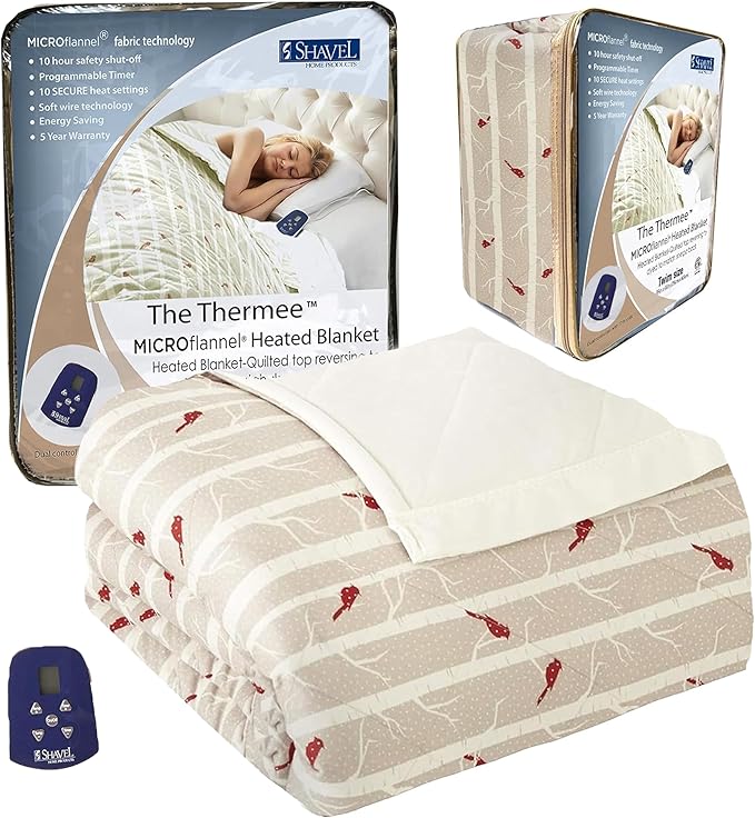 Thermee Micro Flannel Heated Blanket Twin Size - 10 Settings, Programmable, Rapid Heating, Luxuriously Soft - Birches