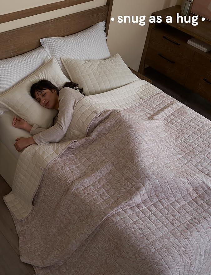 YnM King Size Linen Weighted Blanket for Adults (88x104 Inches, 50 Pounds, Palm Tree), Exclusive Smallest Compartments with Glass Beads, Extra Heavy Bed Blanket for Two Persons on Queen or King Bed