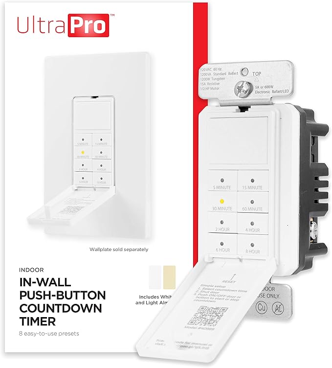 UltraPro Wall Push Timer, 8 Easy-to-Use Preset, Countdown Options, Manual ON/Off Buttons overrides, Indoor or Outdoor Lighting – 40989, 1 Pack, White