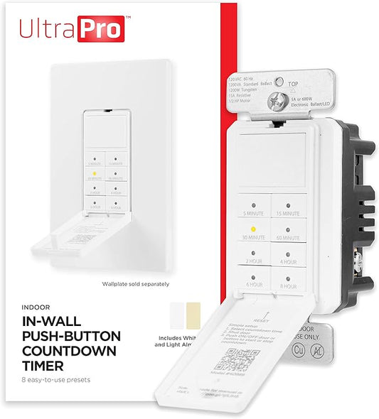 UltraPro Wall Push Timer, 8 Easy-to-Use Preset, Countdown Options, Manual ON/Off Buttons overrides, Indoor or Outdoor Lighting – 40989, 1 Pack, White