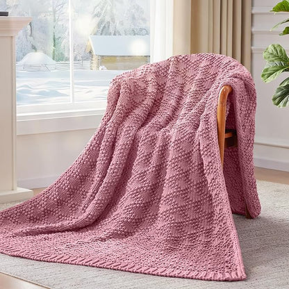 Knitted Weighted Blanket for Adult, Chunky Knit Weighted Throw for Sleep 48"*72" 12lbs, Cooling Breathable Heavy Blanket for Hot Sleepers, Machine Washable Blanket for Room Decor(Pink)