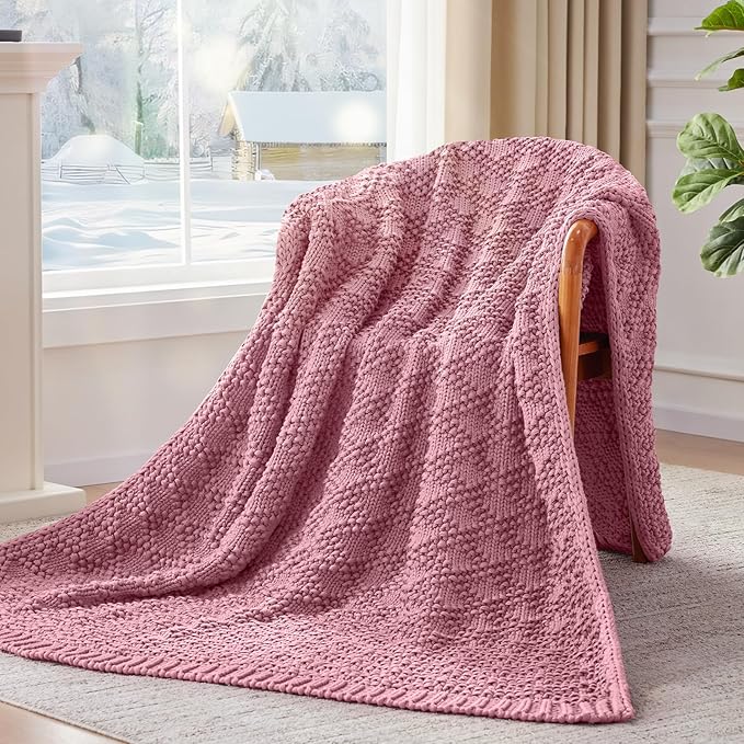 Knitted Weighted Blanket for Adult, Chunky Knit Weighted Throw for Sleep 60"*80" 20lbs, Cooling Breathable Machine Washable Heavy Blanket for Room Decor (Pink, Queen)
