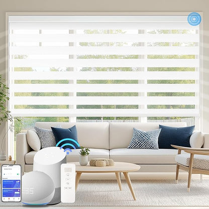 Motorized Zebra Blinds for Windows Cordless Electric Curtains with Remote Control Blackout Shades Custom Smart Blinds Compatible with Alexa Google Home(Blackout White,W20 X 72in)