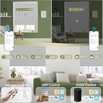 FineTell Motorized Blinds with Remote, 100% Blackout Roller Shades Compatible with Alexa,Apple Homekit,Google Home APP and Voice Control, Customized Electric Blinds (100% Blackout Pure Light Grey)