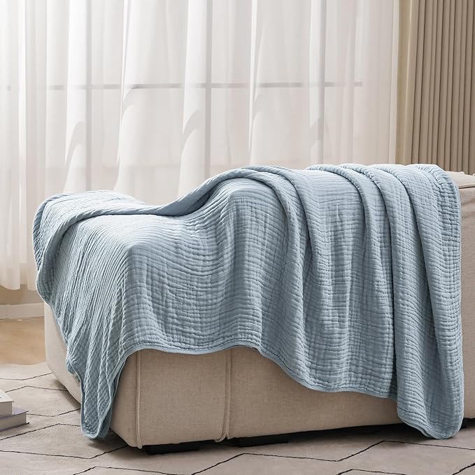 PHF Cooling Muslin Blanket King Size 104"x80", 6-Layer Lightweight Gauze Blanket Made from 35% Rayon Derived from Bamboo & 65% Cotton, Breathable & Ultra Soft Cozy for Hot Sleepers, Dusty Blue