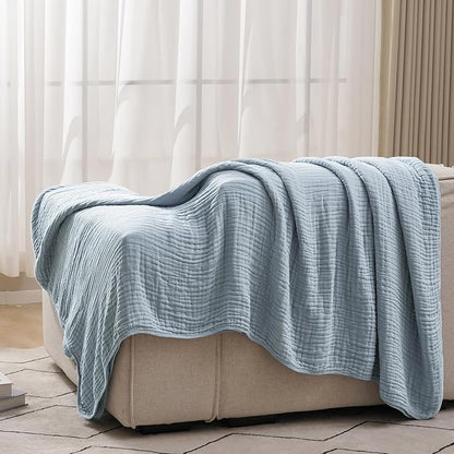 PHF Cooling Muslin Blanket King Size 104"x80", 6-Layer Lightweight Gauze Blanket Made from 35% Rayon Derived from Bamboo & 65% Cotton, Breathable & Ultra Soft Cozy for Hot Sleepers, Dusty Blue