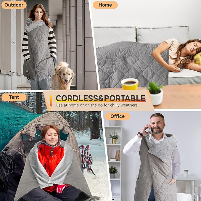 Outdoor Heated Blanket with 10000mAh Power Bank, Battery Operated Cordless Electric Heating Throw with 3 Heat Settings, Fast Heating Wearable USB Throw for Camping, Travel, Office & Home Use-Gray
