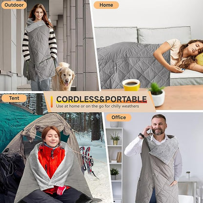 Outdoor Heated Blanket with 10000mAh Power Bank, Battery Operated Cordless Electric Heating Throw with 3 Heat Settings, Fast Heating Wearable USB Throw for Camping, Travel, Office & Home Use-Gray