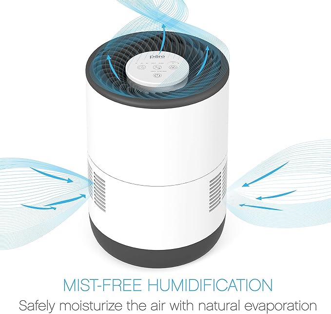 Pure Enrichment MistAire Eva - Mist-Free Evaporative Humidifier with Antibacterial Filter, 2.8-L Tank, 4 Speeds, Large Room Coverage up to 500 sq. ft., Night Light, Auto Shut-Off Timer, No White Dust