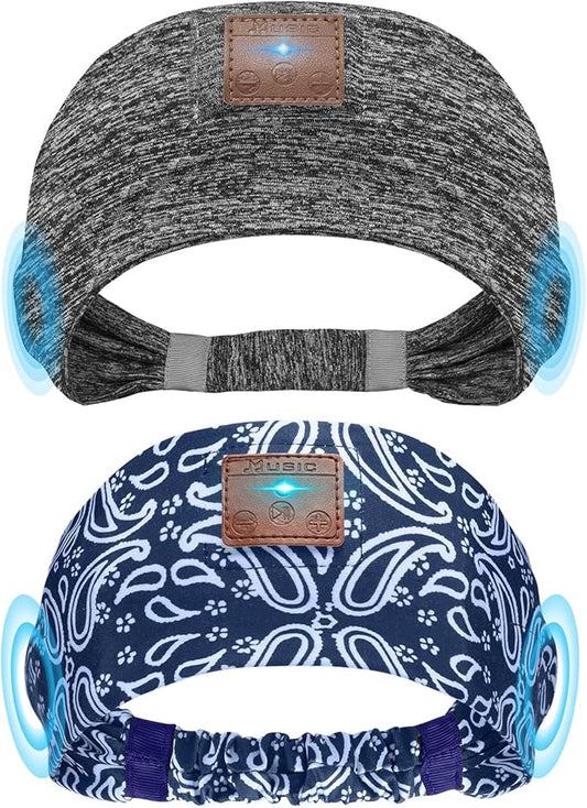 2-Pack Sleeping Headphones, Headband Headphones with Ultra-Thin HD Stereo Speaker, Bluetooth Headband for Sports, Workouts, Insomnia, Yoga, Air Travel, Meditation - Gray&Pattern Blue