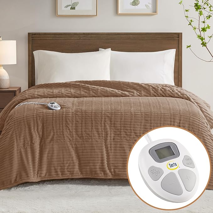 Serta Electric Blanket, Soft, Ribbed, Plush Heating Blanket Twin for Office, Couch, 1-12 hr Auto Shut Off Timer, 10 Lv Heating, ETL Certified, Twin 62"x84" Chestnut Brown