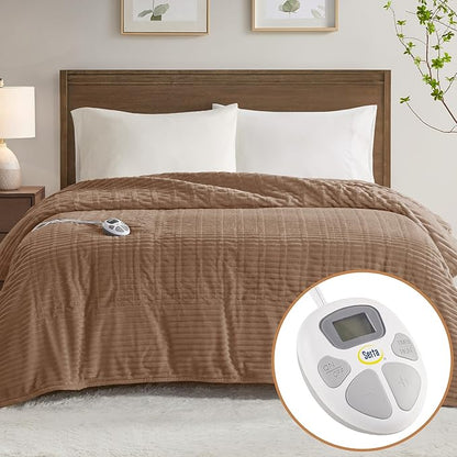 Serta Electric Blanket, Soft, Ribbed, Plush Heating Blanket Twin for Office, Couch, 1-12 hr Auto Shut Off Timer, 10 Lv Heating, ETL Certified, Twin 62"x84" Chestnut Brown