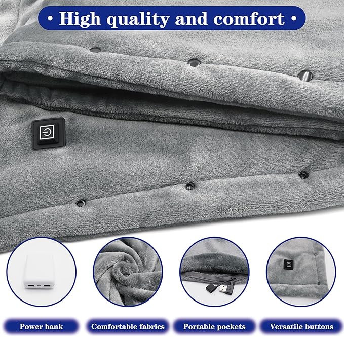 Cordless Heated Blanket with 10000mAh Power Bank, USB Battery Operated Electric Blanket, 3 Heat Settings, Portable Warm Throw for Home, Office, Outdoor-Grey