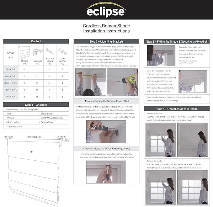 ECLIPSE Kylie Total Privacy Blackout Cordless Lined Window Roman Shade for Living Room, 36 in x 64 in, Ivory