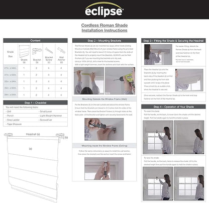 ECLIPSE Kylie Total Privacy Blackout Cordless Lined Window Roman Shade for Living Room, 36 in x 64 in, Ivory