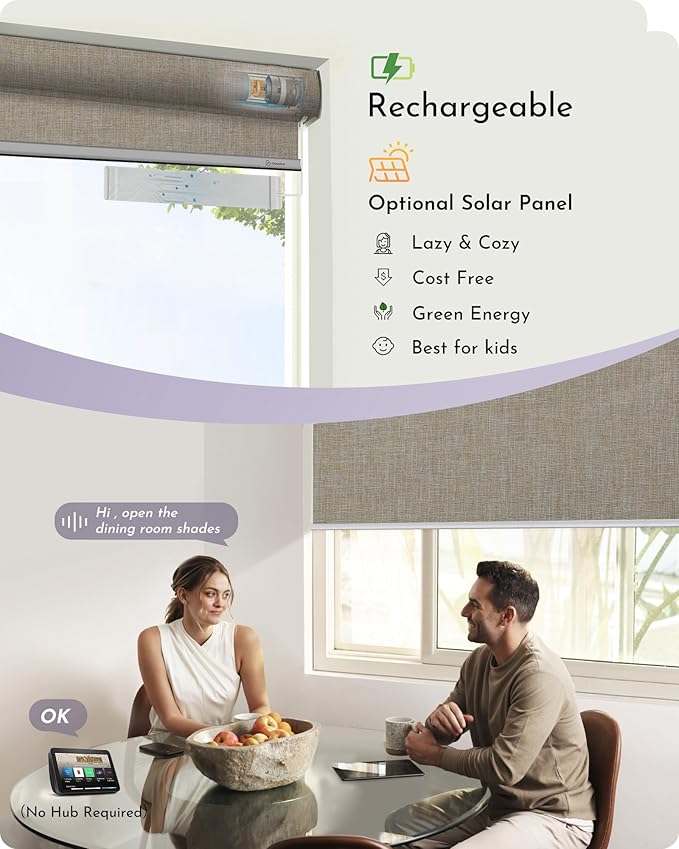 Graywind Motorized Roller Shades Compatible with Alexa Google Smart Blackout Shades with Remote Triple Weaved Fabric Window Blinds with Valance for Smart Home Office, Customized Size (Light Coffee)