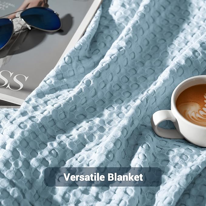 Aganear Waffle Blanket - Lightweight Breathable Summer Blanket of 50% Cotton and 50% Rayon Derived from Bamboo for Hot Sleepers Luxury Throws for Bed, Couch and Sofa,Blue,90x90 Inches