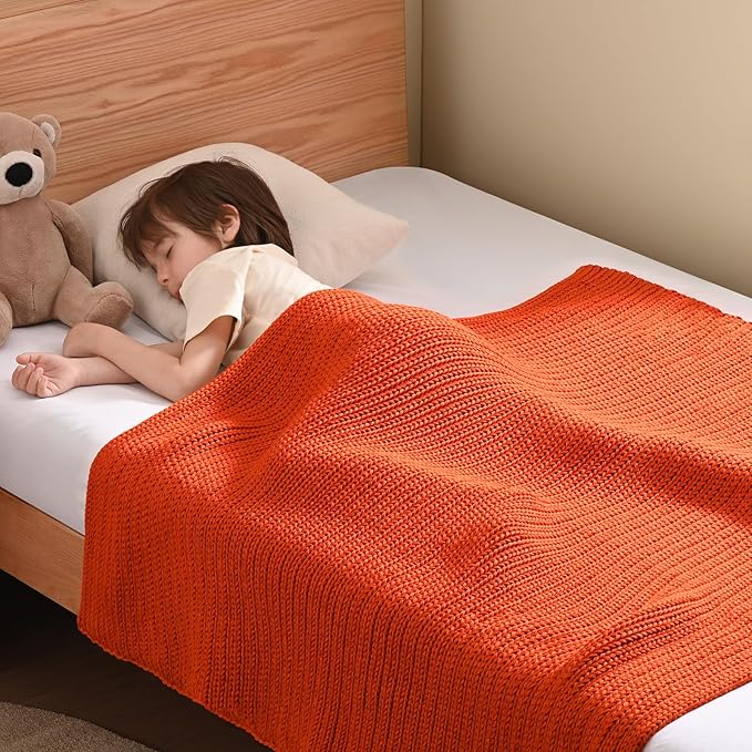 Guohaoi Knitted Weighted Blanket Kids (Orange 40"x60" 7lbs) No Beads Cooling Heavy Blanket, Home Decor Breathable Chunky Knit Throw Blanket for All-Season Use