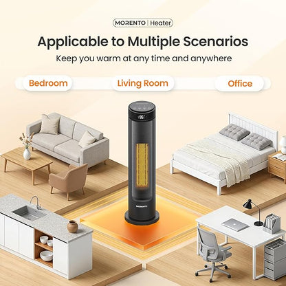 MORENTO Space Heater for Indoor Use, 1500W Ceramic Fast Heat, Electric Space Heater for Large Room with Remote, Thermostat, Digital Display, 5 Modes, 12H Timer, 70° Oscillation, 23dB Black 1 Pack