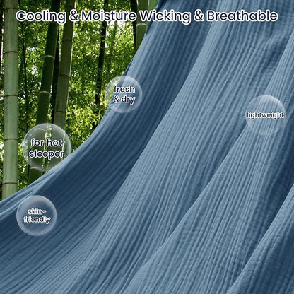 PHF Cooling Muslin Queen Blanket for Hot Sleepers, 60% Viscose from Bamboo, 40% Cotton and 4-Layer Breathable Gauze Blanket for Bed Couch, 90"x90", Prussian Blue