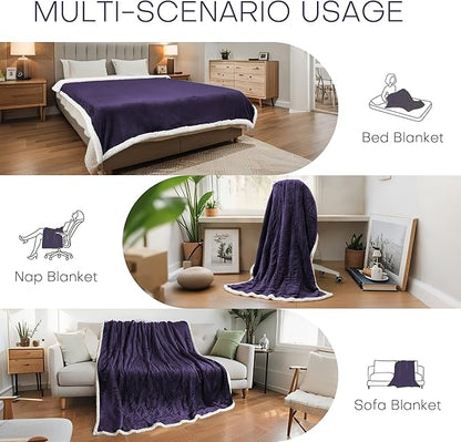 Electric Heated Blanket Full Size 72"x84" - Flannel & Sherpa Fabric Dual-Sided, 6 Heat Settings & 1-10 Hours Auto Off, Soft & Cozy Warming Throw for Home, Office, or Bed, Machine Washable, Purple
