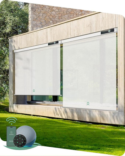 Yoolax Customized Motorized Outdoor Shades, Smart Blinds Compatible with Alexa Google, Remote Control Waterproof Blinds for Patio Porch Windows Outside (3% Openness White)