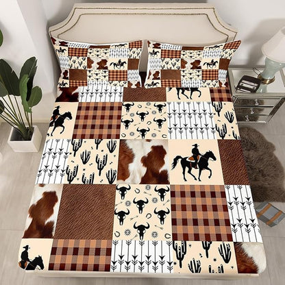 Western Cowboy Bed Sheet Set Rustic Cow Fur Bull Skull Horseshoe Arrow Fitted Sheet for Ultra Soft American West Brown Plaids Patchwork Bedding Cover Set Room Decor Queen (No Flat Sheet)