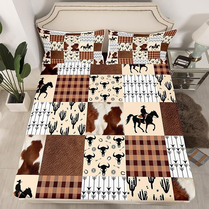 Western Cowboy Fitted Sheet Rustic Cow Fur Bull Skull Horseshoe Arrow Bed Sheet Set for Kids Children Teens American West Brown Plaids Patchwork Bed Cover Toddler Bedroom Decor,Twin Size