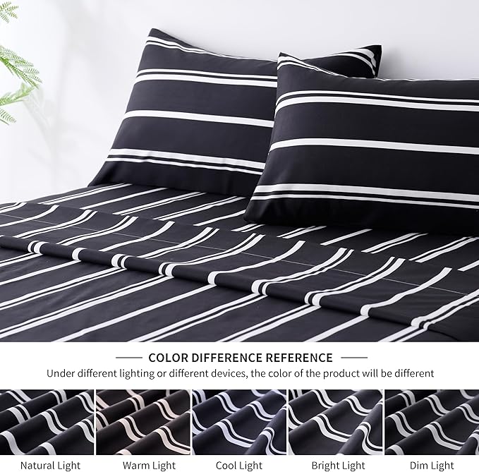 Best Season Black and White Striped Bed Sheets Queen Size 4 Piece Ultra Soft Stripe Sheet Set - Deep Pocket, Fade & Wrinkle Resistant Bedding Set (Black&White)