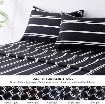 Best Season Black and White Striped Bed Sheets Queen Size 4 Piece Ultra Soft Stripe Sheet Set - Deep Pocket, Fade & Wrinkle Resistant Bedding Set (Black&White)