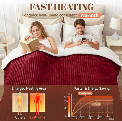 Electric Heated Blanket Full Size - 72"x84" Fast Heating Bed Blankets with 6 Heating Levels & 10 Hours Auto Off, Soft Ribbed Flannel Sherpa, Over-Heated Protection ETL, Red