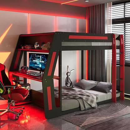 Wooden Bunk Bed with Desk & Charging Station & RGB Light Strip,Full Size Gaming Bunk Bed Frame with Storage Shelves,Safety Guardrails & Ladder for Kids Teens Adults Bedroom,Under-Bed Space,Red