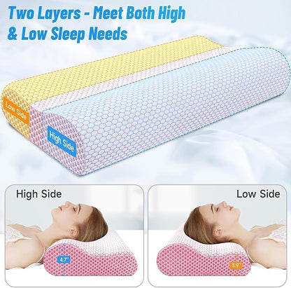 CloudBliss Memory Foam Pillow, Ergonomic Neck Contour Cervical Pillow for Back and Shoulder Pain, Orthopedic Pillow for Neck Pain Relief, for Sleeping Side, Back, Stomach Sleepers - Pink, Queen