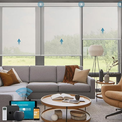 Motorized Blinds Compatible with Alexa,Google Asssitant,Homekit Over Thead,5% Openness Solar Shades for Window, Smart Shades with Remote, APP/Voice Control,Custom Size,Aventus White Linen